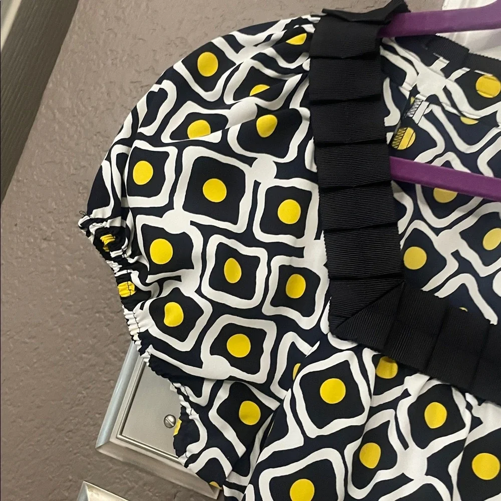 LOFT Navy White and Yellow Geometric Puff Sleeve Blouse Sz S Small Square Neck